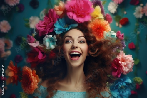 young cute woman with flower hair is making a playful face