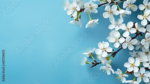 Blossom flat lay on blue background : Generative AI