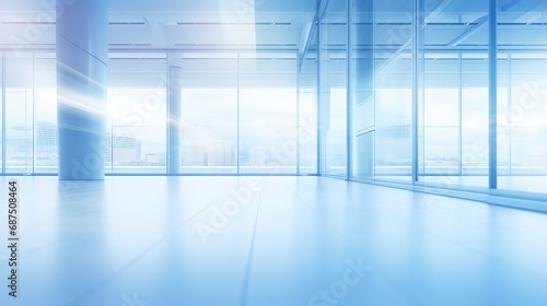 Blurred abstract background interior view looking out toward to empty office lobby and entrance doors and glass curtain wall with frame - blue white balance processing style : Generative AI