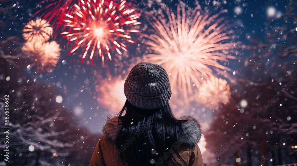 Rear view of woman watch their New Year fireworks display amazement and delight in a snowy park in front of firework display, generative ai Rear view of woman watch their New Year fireworks display amazement and delight in a snowy park in front of firework display, generative ai