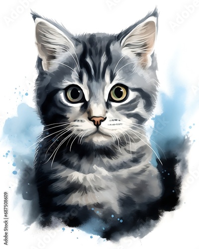 Cute portrait of cat watercolor isolated on white background. Kitty cartoon watercolor graphic vector illustration : Generative AI