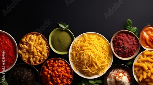 Plates of pastas with different kinds of sauces, top view. Italian food concept. Panorama, banner : Generative AI