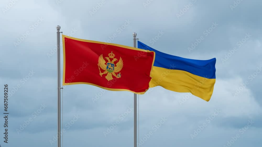 Ukraine and Montenegro flag waving together on cloudy sky, endless seamless loop, two country cooperation concept Ukraine and Montenegro flag waving together on cloudy sky, endless seamless loop, two country cooperation concept