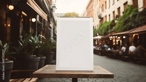 White paper poster mockup displayed outside the building restaurant. Marketing and business concept. : Generative AI photo