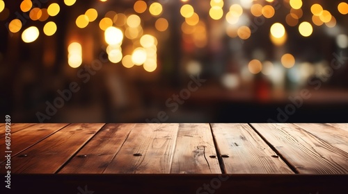 background Image of wooden table in front of abstract blurred restaurant lights   Generative AI
