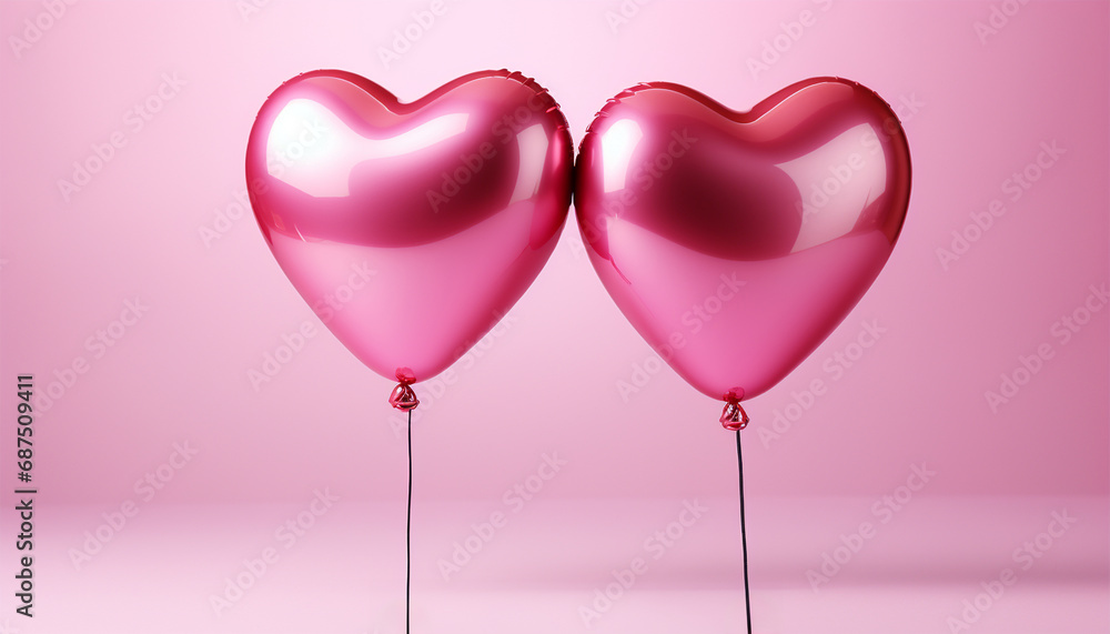 Two pink heart shaped balloons on pastel pink background copy space. Valentine romantic theme deign 3D. Valentine's day background.