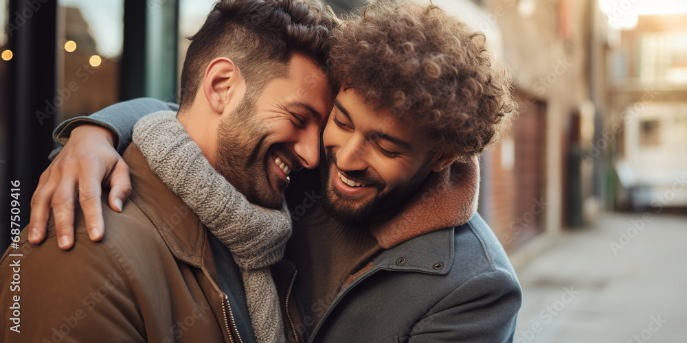Obraz premium A Heartfelt Moment as a Male Couple Closes Their Eyes, Expressing Deep Affection in an Embrace