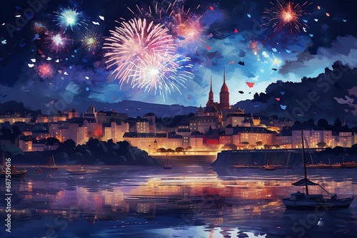 Firework display in Europe celebrated on New Year Day