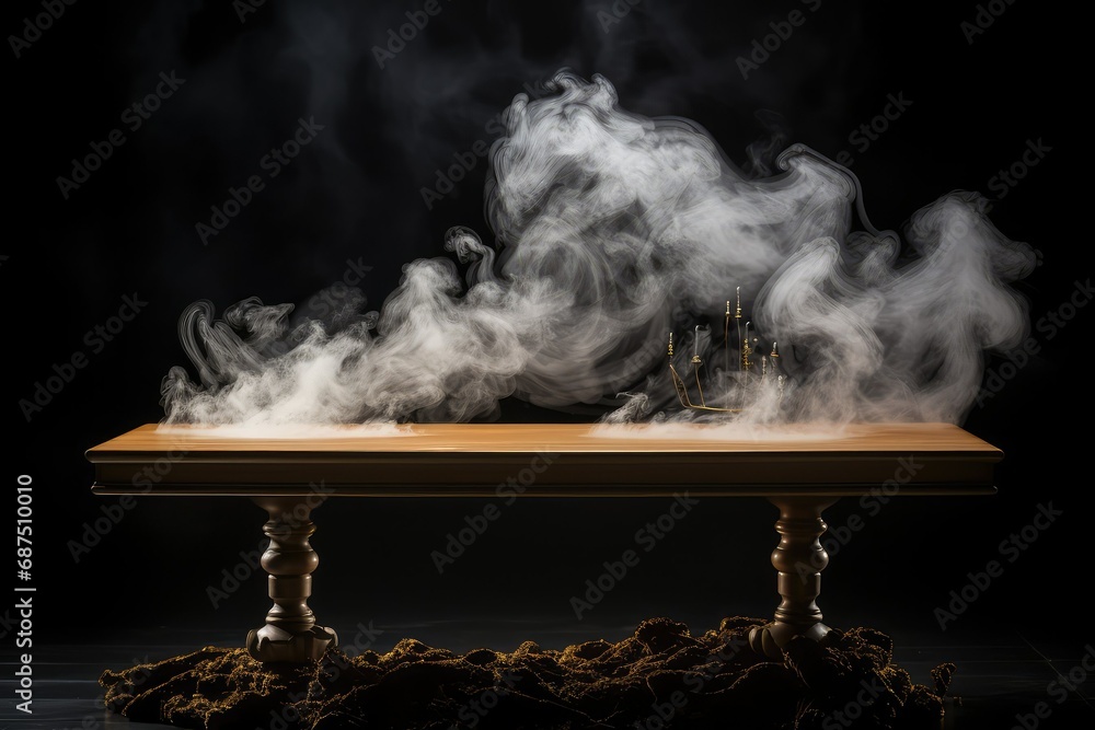 Black backdrop with a wooden table and ethereal smoke floating