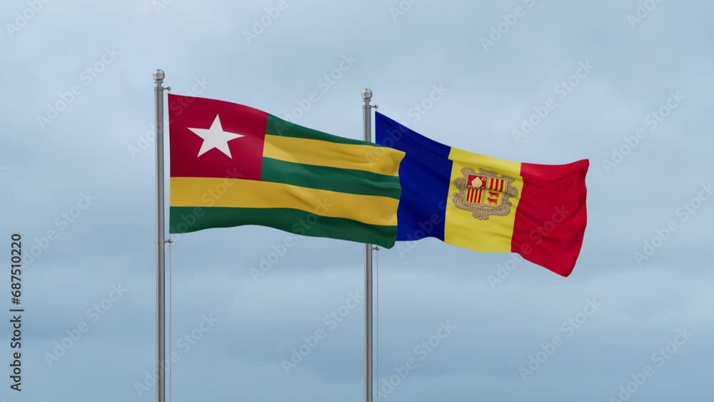 Togo flag and Andorra flag waving together on cloudy sky, endless seamless loop Togo flag and Andorra flag waving together on cloudy sky, endless seamless loop