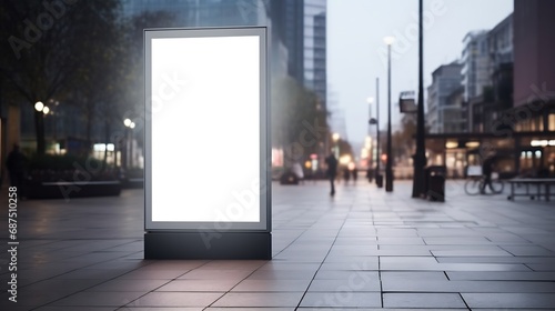 Blank city format (LightPoster, CityLight) banner pylon on the sidewalk mockup. Billboard in the city center mock up. Blurred background, focus on foreground, copy space : Generative AI