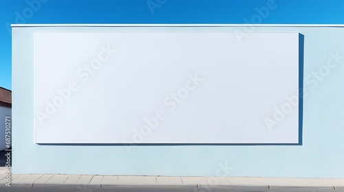 Blank name board on a building exterior. Empty white space for a company logo on a wall. Template of a signboard on an office house. Blue facade with closed window blinds. Blue sky in : Generative AI