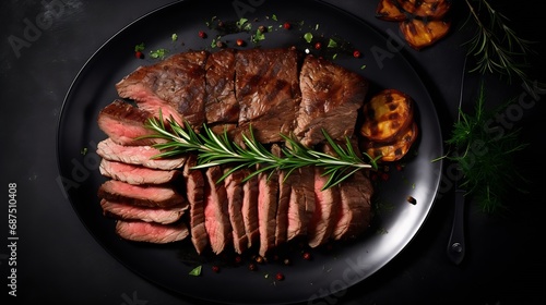Closeup view of roasted beef brisket flat steak on a plate : Generative AI