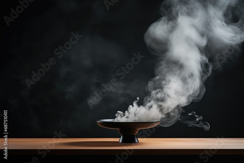 Dark minimalist setting with a wooden table and rising smoke