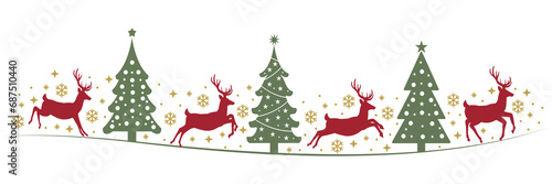 Set of Red Reindeer and Green Christmas tree with snoflake around, winter banner ilustration concept. photo
