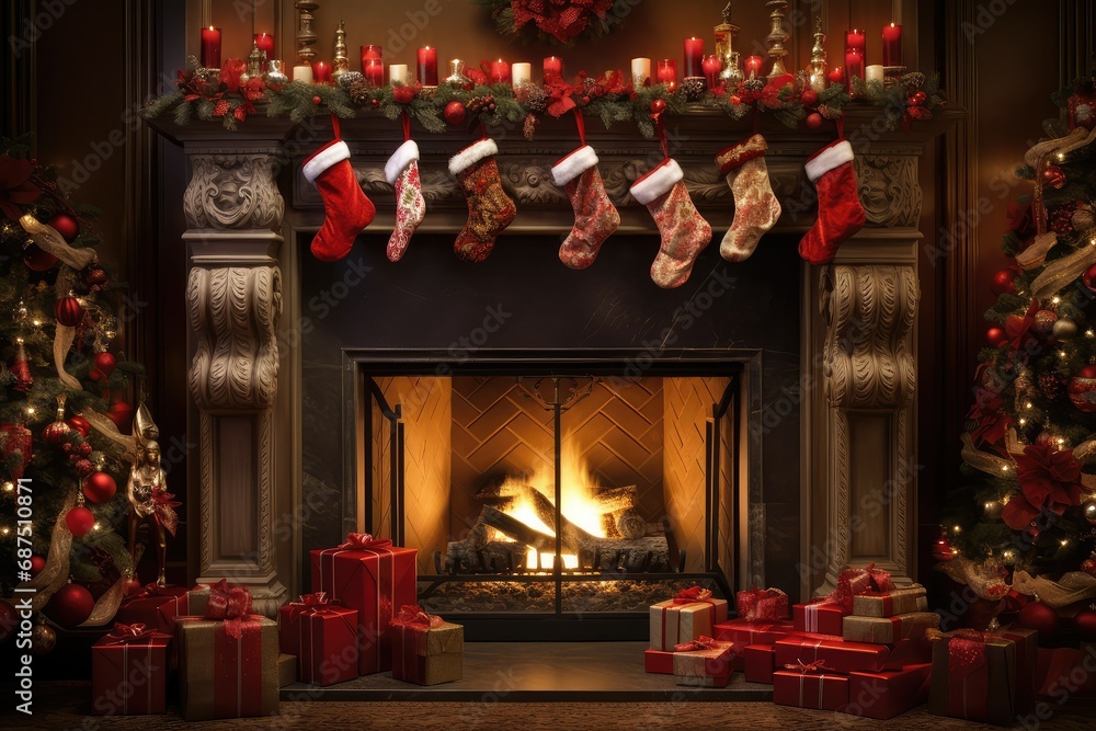 Holiday Fireplace Adorned with Christmas Ornaments and Stockings
