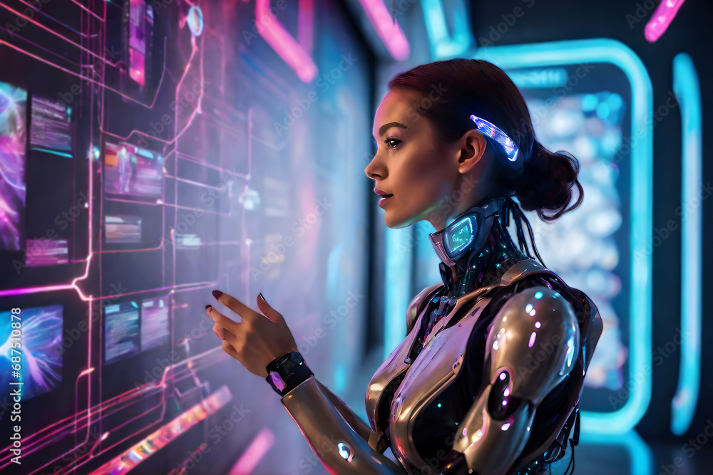 A Cyborg woman interacts with a futuristic information wall filled with colorful lights and dynamic displays. A Cyborg woman interacts with a futuristic information wall filled with colorful lights and dynamic displays.