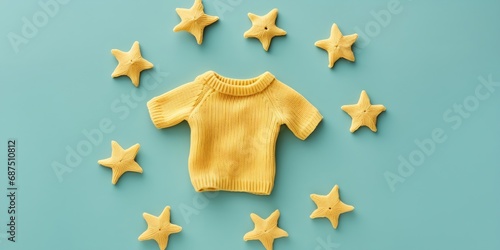 Knitted toy yellow stars on blue background. Baby stuff and accessories. Flat lay, top view : Generative AI photo