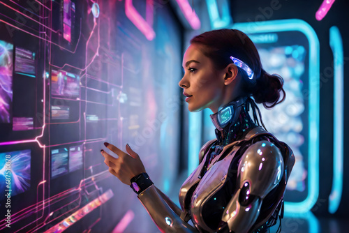A Cyborg woman interacts with a futuristic information wall filled with colorful lights and dynamic displays.