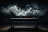 Moody dark room with an empty wooden table and mystical smoke