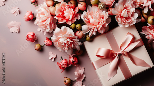 Paquet cadeau et fleurs de pivoines roses sur fond rose vu de dessus photo