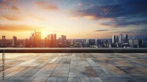 Perspective view of empty concrete floor and modern rooftop building with sunset cityscape scene. Mixed media : Generative AI