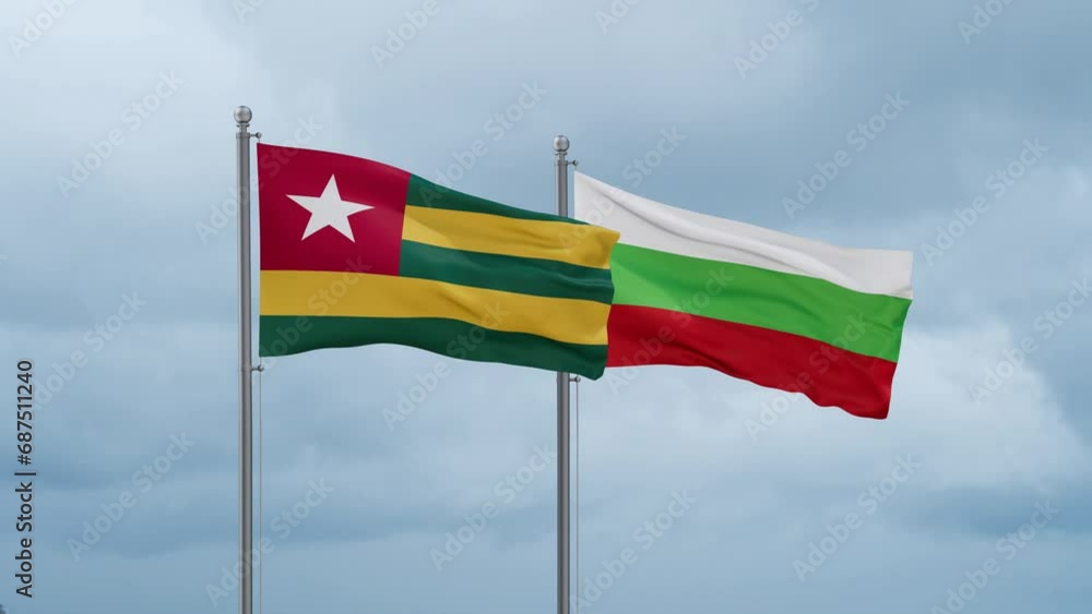 Bulgaria flag and Togo flag waving together on cloudy sky, endless seamless loop, two country relations concept Bulgaria flag and Togo flag waving together on cloudy sky, endless seamless loop, two country relations concept