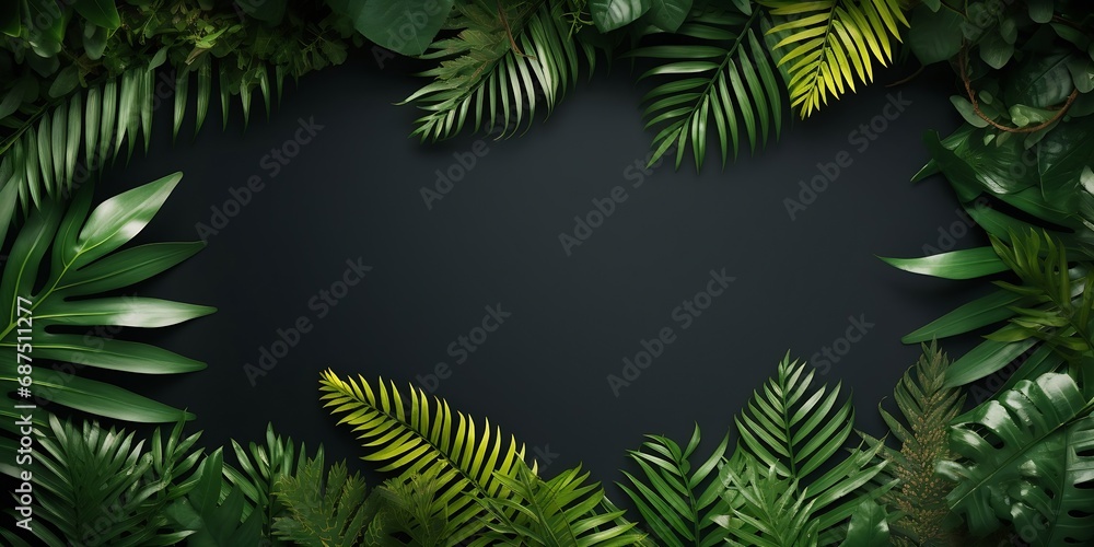 Tropical summer background, fern leaves set in the frame around blank space for a text, flat lay, view from above, stylized photo : Generative AI