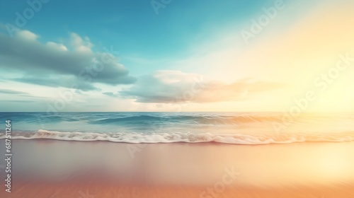 Summer holiday concept. Abstract blur beach with yellow and blue sky sunrise background : Generative AI