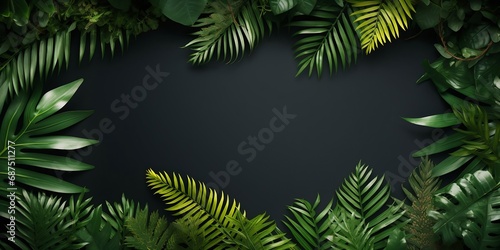 Tropical summer background, fern leaves set in the frame around blank space for a text, flat lay, view from above, stylized photo : Generative AI