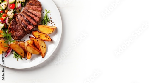 Top view of delicious grilled beef steak and rustic potatoes wedges with vegetable salad served on plate on white background : Generative AI