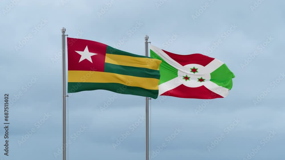 Burundi flag and Togo flag waving together on cloudy sky, endless seamless loop, two country relations concept Burundi flag and Togo flag waving together on cloudy sky, endless seamless loop, two country relations concept