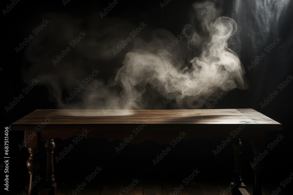 Shadow play on an empty wooden table with smoke in darkness