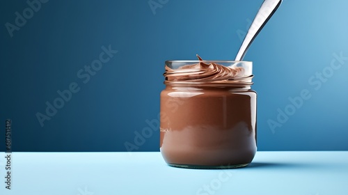 a jar of chocolate nut spread with a spoon on a light blue background. Favorite delicacy, traditionally for breakfast, popular sweet paste for sandwiches and baked goods. : Generative AI