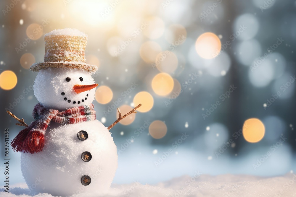 Winter Celebration Scene, Snowman with Sunlit Bokeh