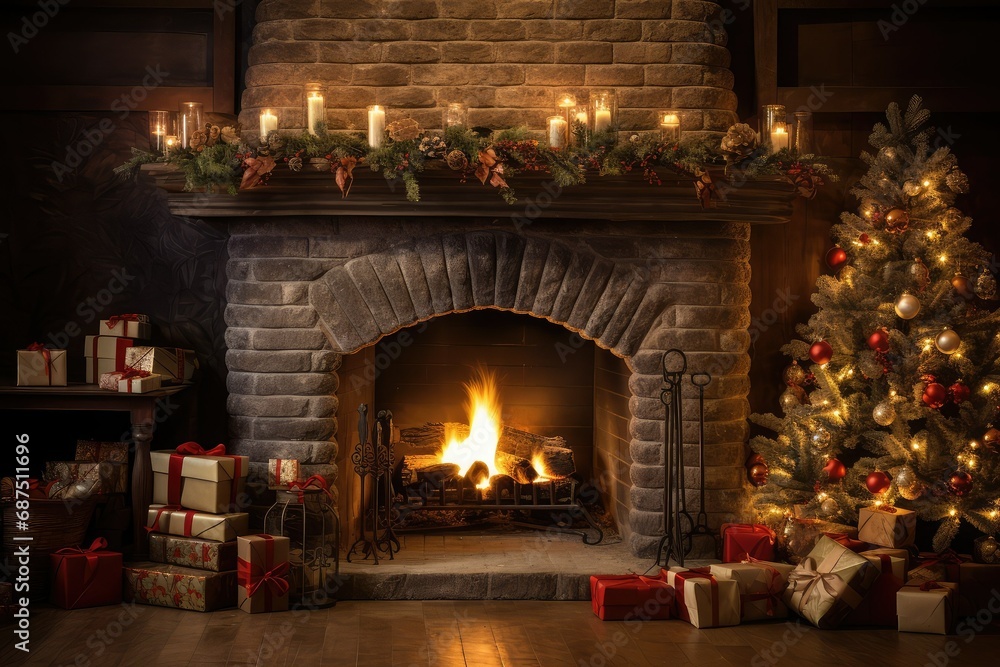 Warm Fireplace Setting with Christmas Decor and Lights