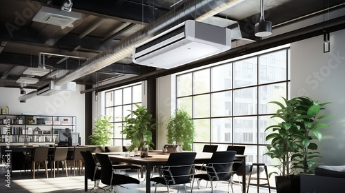 white cassette air conditioner on the ceiling and a linear LED pendant lamp in the office in a loft style. Zone has a whoye table with black chairs and glass walls : Generative AI