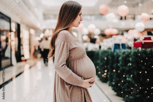 Femme enceinte se tenant le ventre dans une galerie marchande photo
