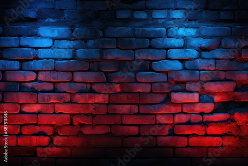 Vibrant red and blue neon on a rustic brick texture