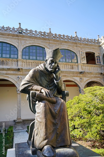 Sculpture of Alonso de Fonseca III, founder of the Compostela university, in the cloister of the 'Pazo de Fonseca' Santiago de Compostela, Galicia, Spain 10092023