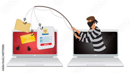 Phishing, theft online. Man with fishing rood taking items from other computer. Security and advices. Isolated. Vector illustration.