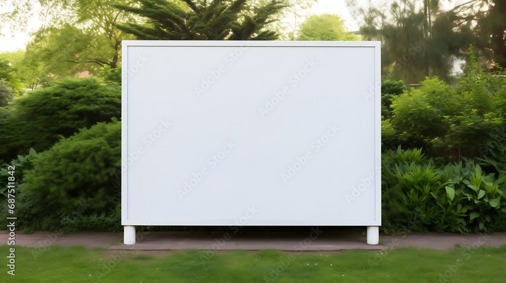 Background texture of a blank white advertising information board place outdoor on green and healthy grass lawn. Mockup template of a wedding welcome sign in garden. Empty copy space f : Generative AI - obrazy, fototapety, plakaty 