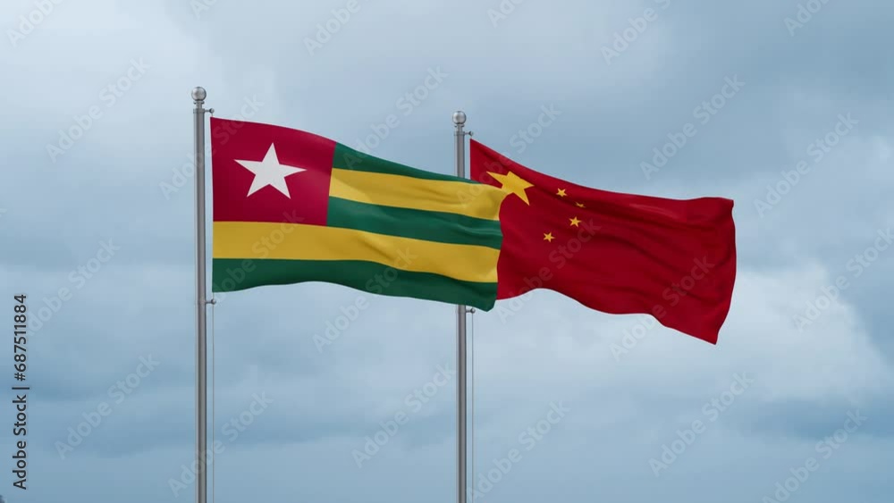 China flag and Togo flag waving together on cloudy sky, endless seamless loop, two country relations concept China flag and Togo flag waving together on cloudy sky, endless seamless loop, two country relations concept