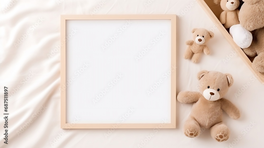 Blank square wooden frame mockup for nursery art or pregnancy announcement display, flat lay with baby toys and accessories. : Generative AI - obrazy, fototapety, plakaty 