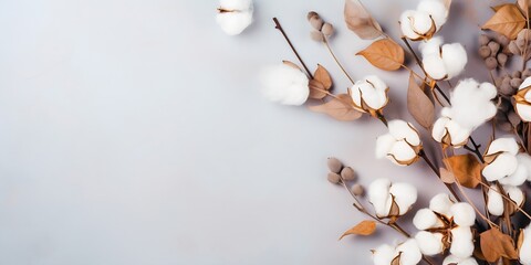 Autumn composition. Frame made of eucalyptus branches, cotton flowers, dried leaves on pastel gray background. Autumn, fall concept. Flat lay, top view, copy space : Generative AI