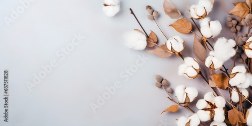 Autumn composition. Frame made of eucalyptus branches, cotton flowers, dried leaves on pastel gray background. Autumn, fall concept. Flat lay, top view, copy space : Generative AI
