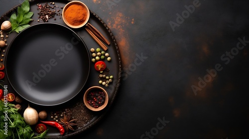 An empty black plate on a dark concrete background with spices, herbs and cutlery. Home dinner cooking : Generative AI