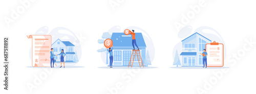 Mortgage process, receiving bank approval, signing contract and legal documents. Mortgage process set flat vector modern illustration