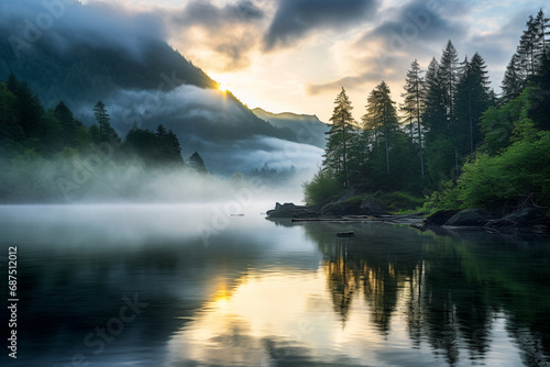 serene beauty of a tranquil lakeside scene at dawn, with mist gently rising over the calm water