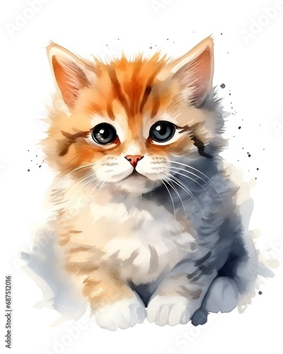 Cute portrait of cat watercolor isolated on white background. Kitty cartoon watercolor graphic vector illustration : Generative AI